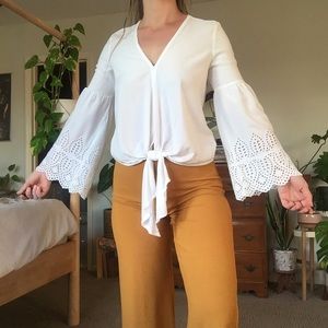 V Neck Bell Sleeve Front Tie Top